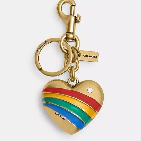 NWT Coach Rainbow Heart Brass Enamel Bag Charm Keychain Fob with Pouch CAX71 - Picture 5 of 6